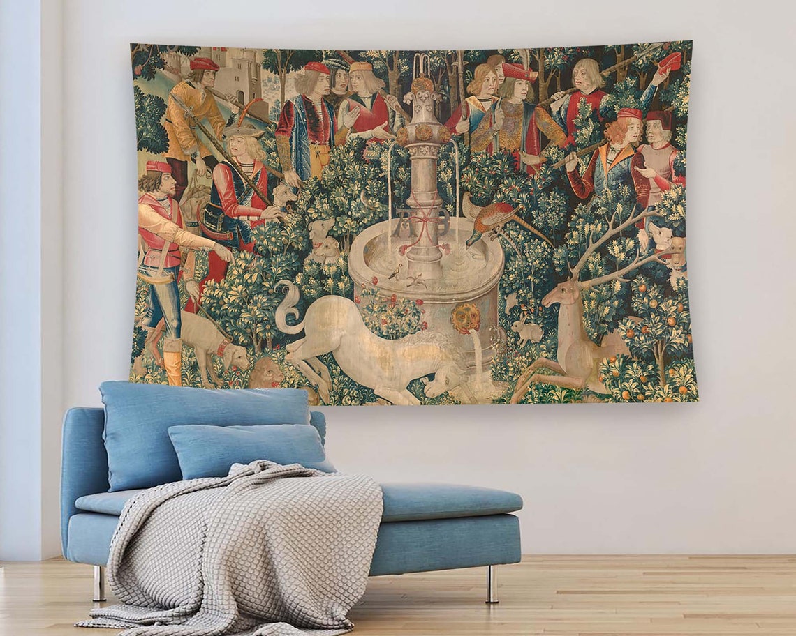 Medieval Unicorn Fountain Hunters Classic Renaissance Tapestry Poster