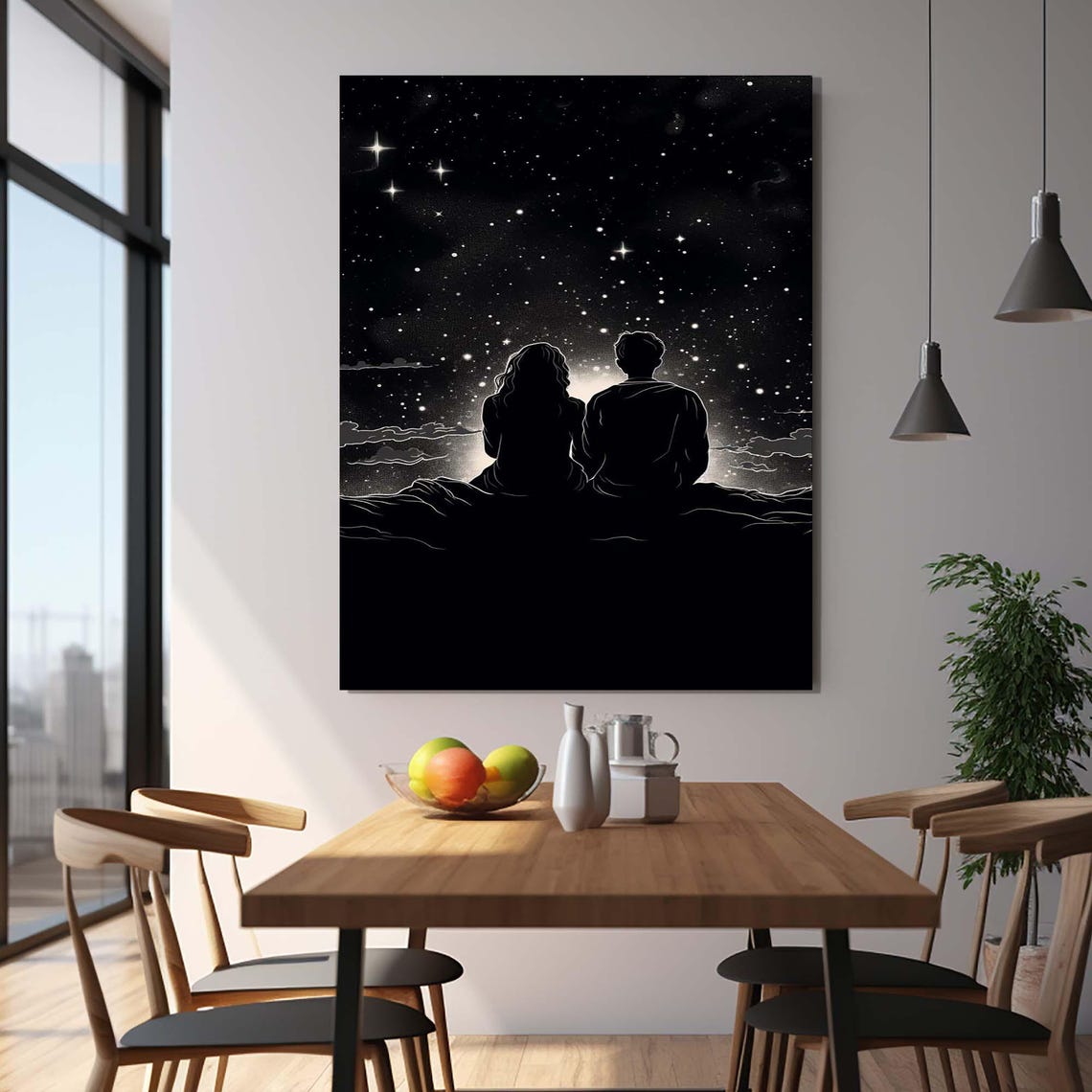 Couple Silhouette Watching Starry Night Sky Together Black White Art - Image 3