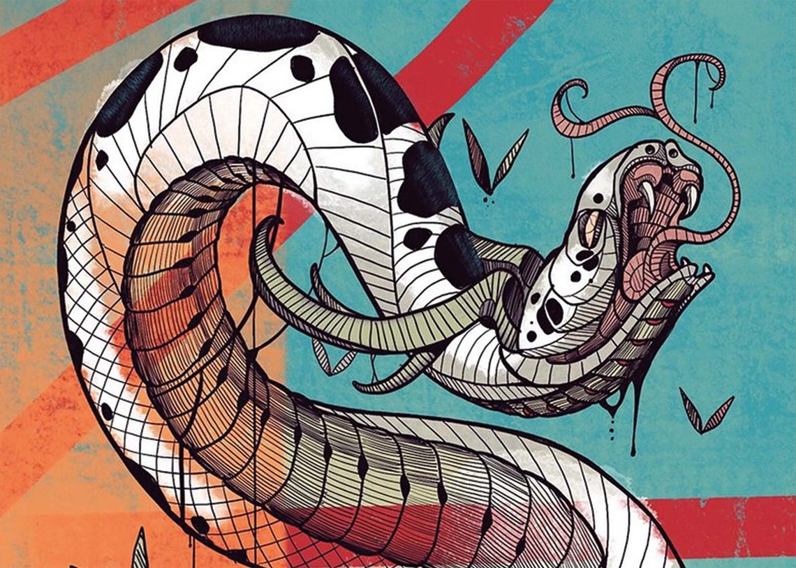 Colorful Giant Snake Tattoo Doodle Art Teal Orange Tapestry Wall Art - Image 3