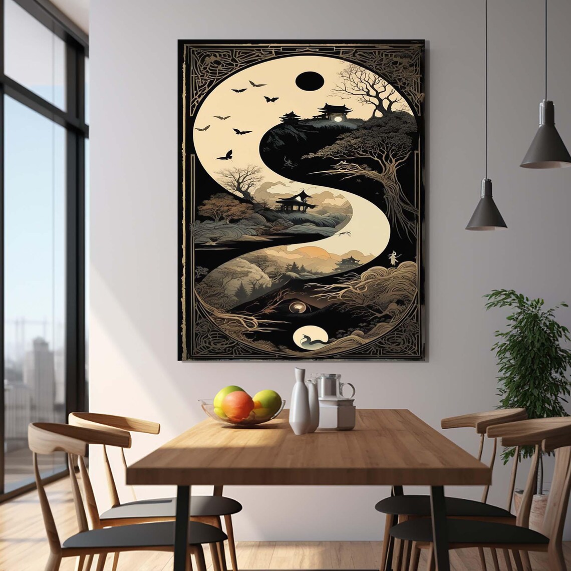 Yin Yang Japanese Landscape With Pagoda Moon And Birds Black Gold Art - Image 2