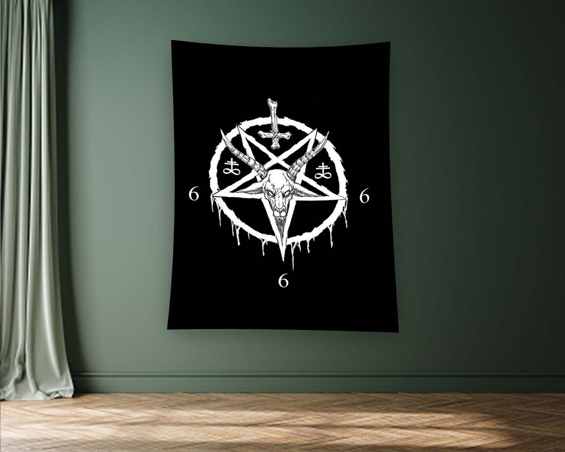 Black Occult Pentagram Baphomet Goat Head Satanic Tapestry Wall Art