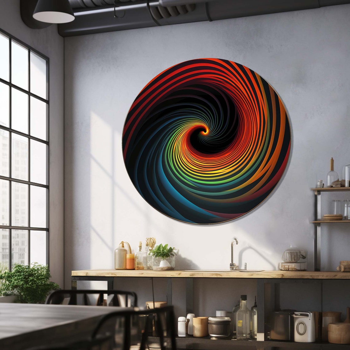 Rainbow Spiral Vortex Swirl on Dark Background Round Wall Art