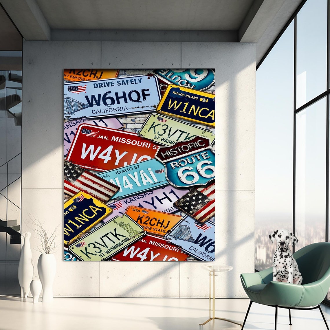 Vintage Route 66 License Plates Collage Americana Garage Wall Art