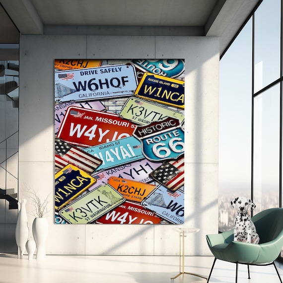 Vintage Route 66 License Plates Collage Americana Garage Wall Art