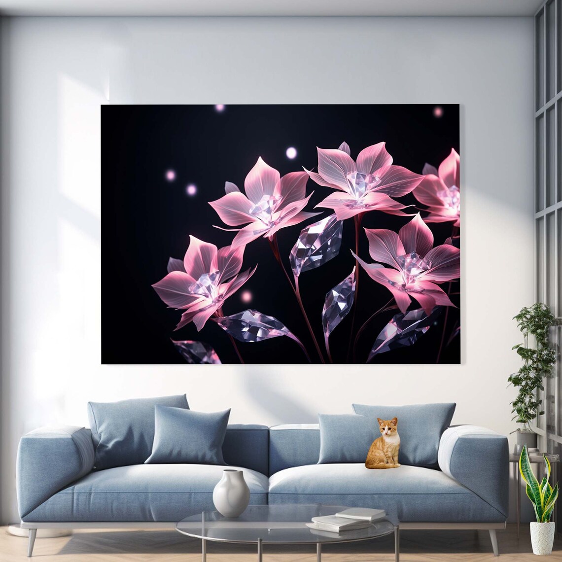 Pink Crystal Glass Flowers Glowing Black Background Wall Art - Image 3