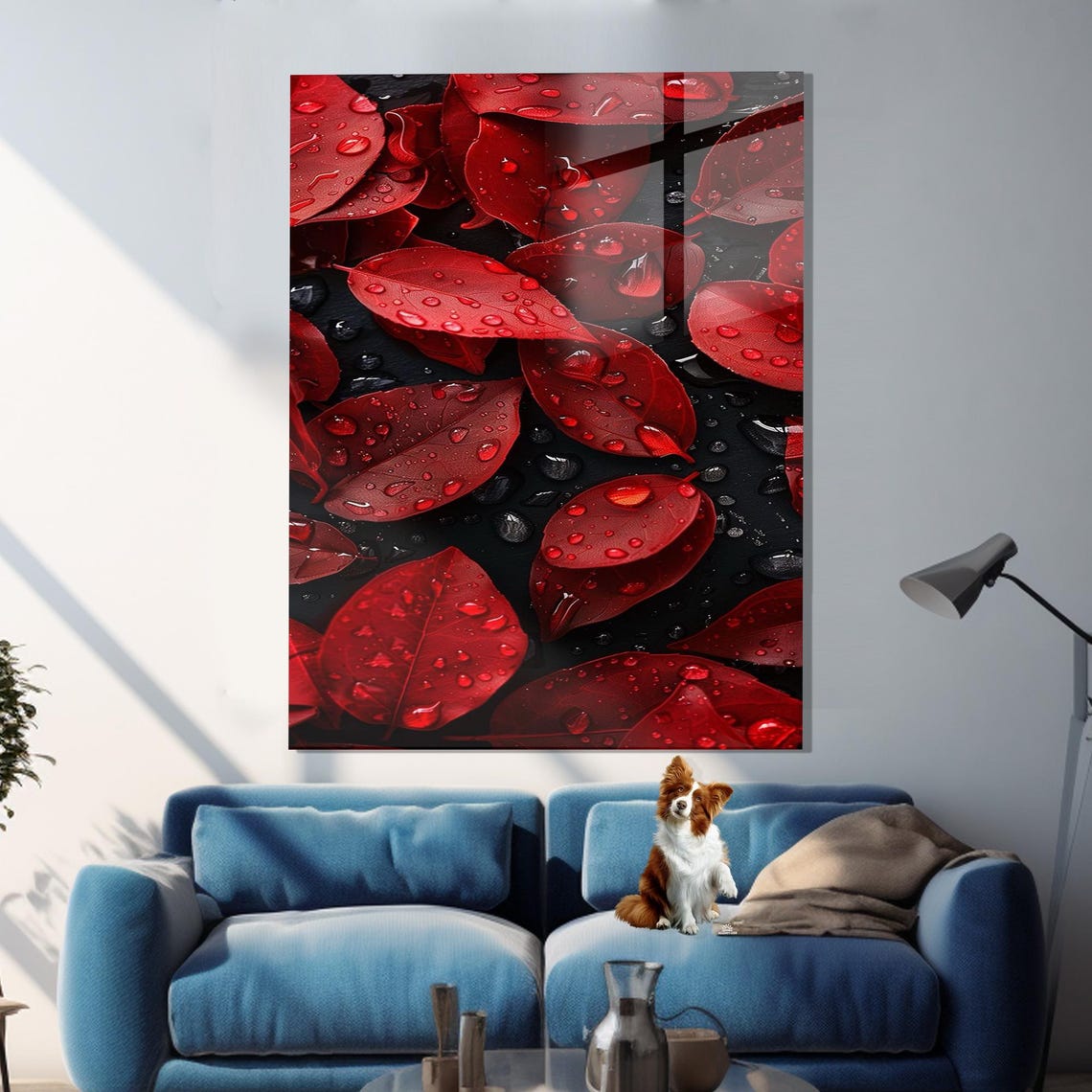 Scarlet Autumn Leaves With Dew Drops Dark Botanical Macro Wall Art - Image 3