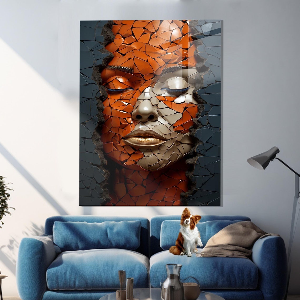 Mosaic Cracked Tile Woman Face Orange Portrait Modern Gallery Poster - Image 3