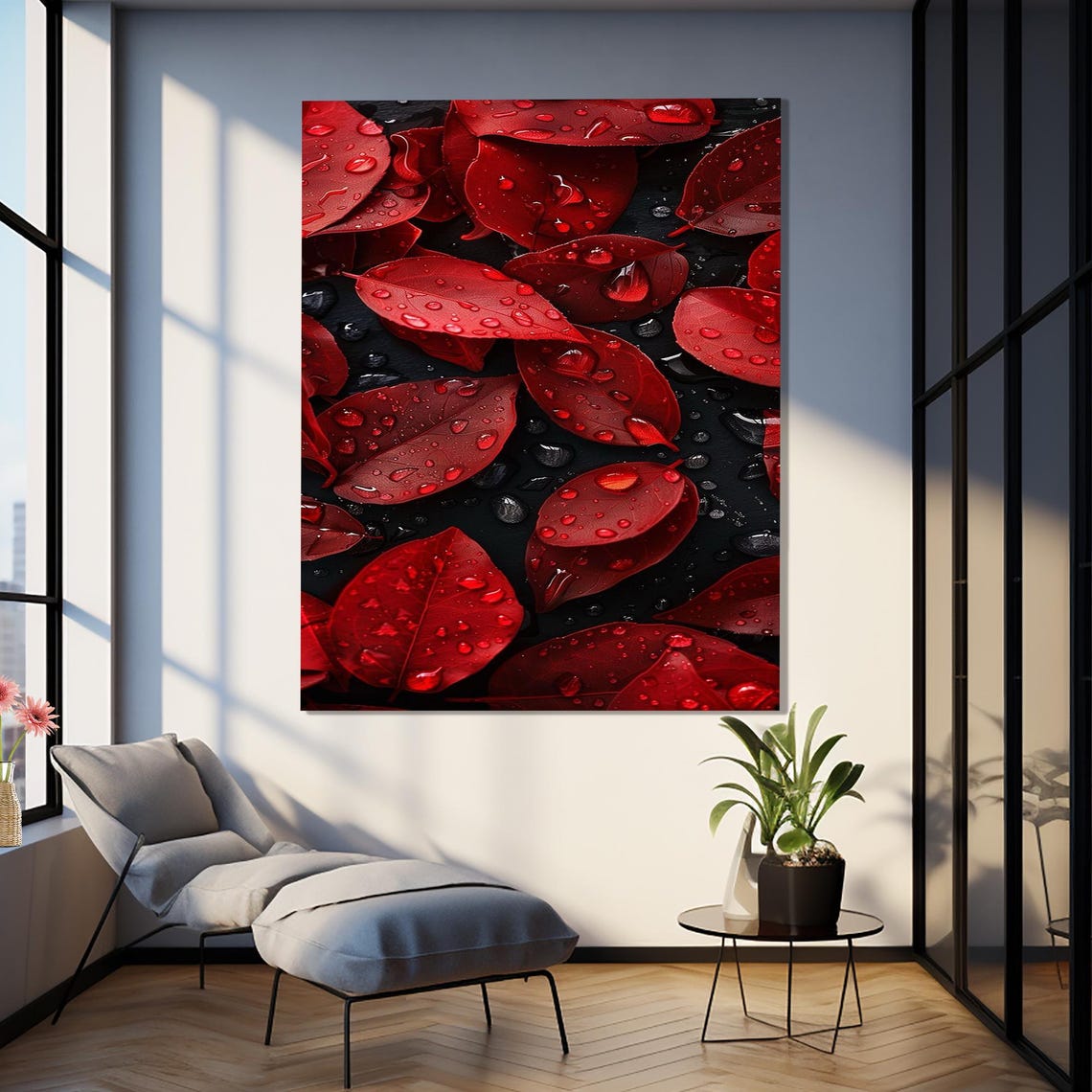 Scarlet Autumn Leaves With Dew Drops Dark Botanical Macro Wall Art - Image 2