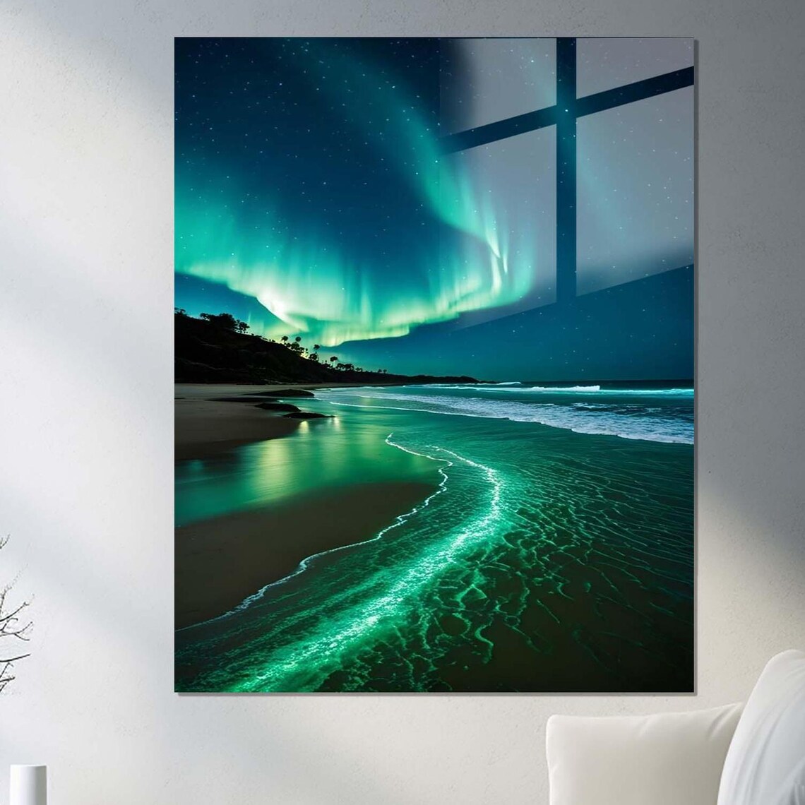 Green Northern Lights Over Night Beach Ocean Waves Travel Poster