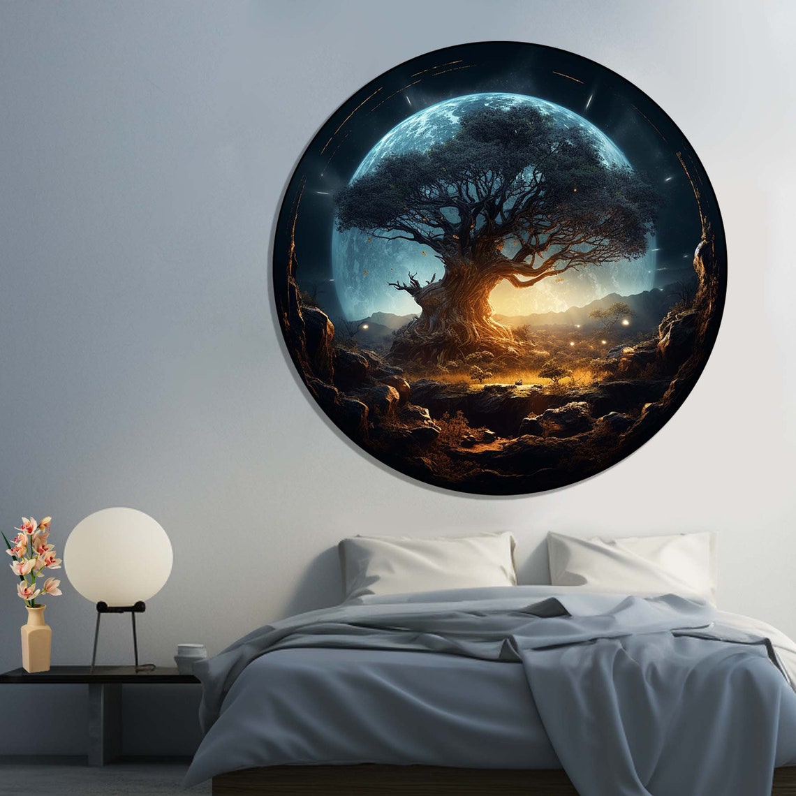 Ancient Tree of Life Giant Blue Moon Fantasy Night Round Wall Art