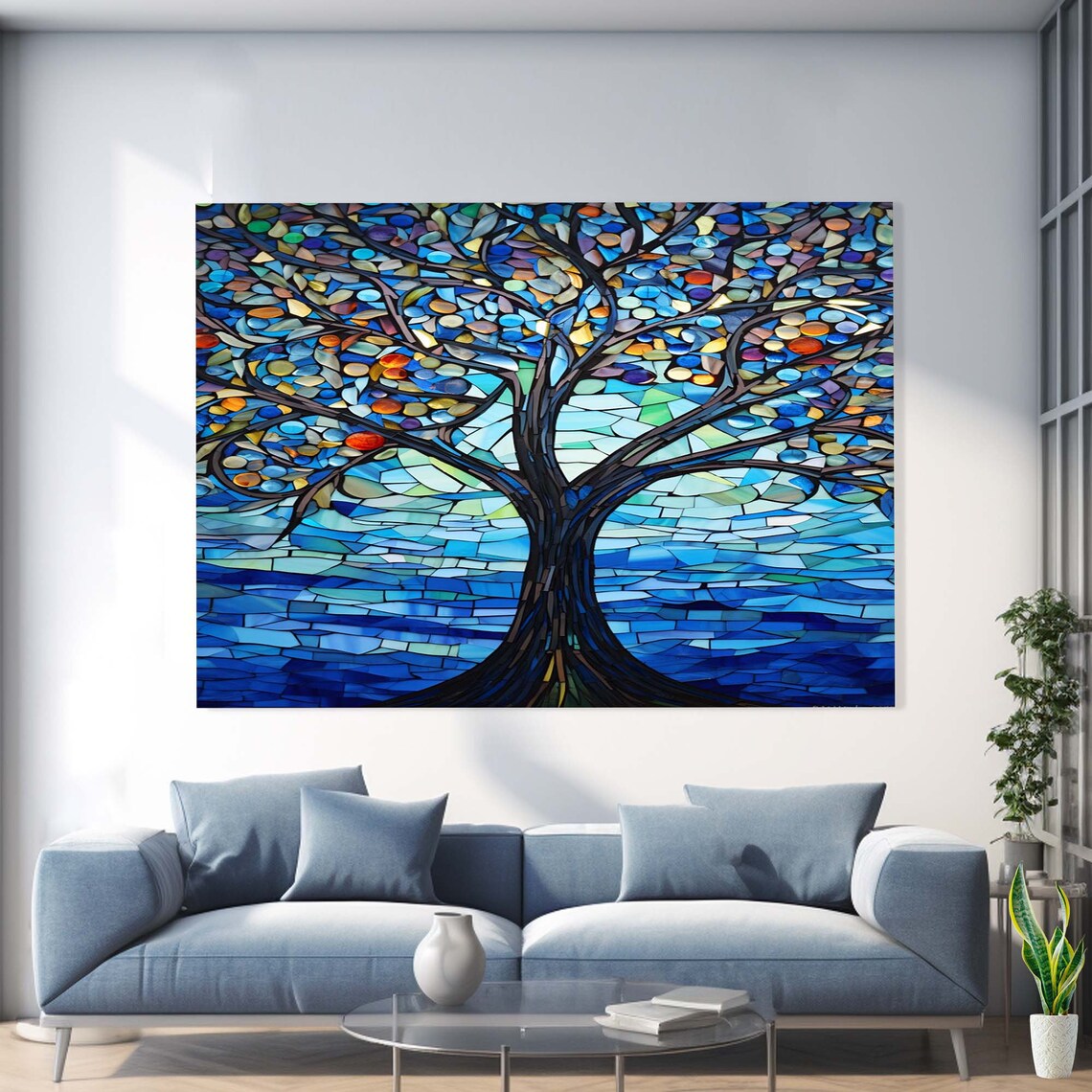 Blue Mosaic Tree of Life Colorful Leaves Stained Glass Wall Art