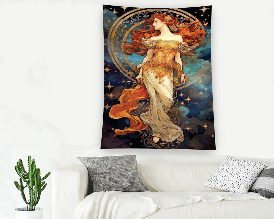 Art Nouveau Goddess Red Hair Stars Golden Celestial Fantasy Art Poster