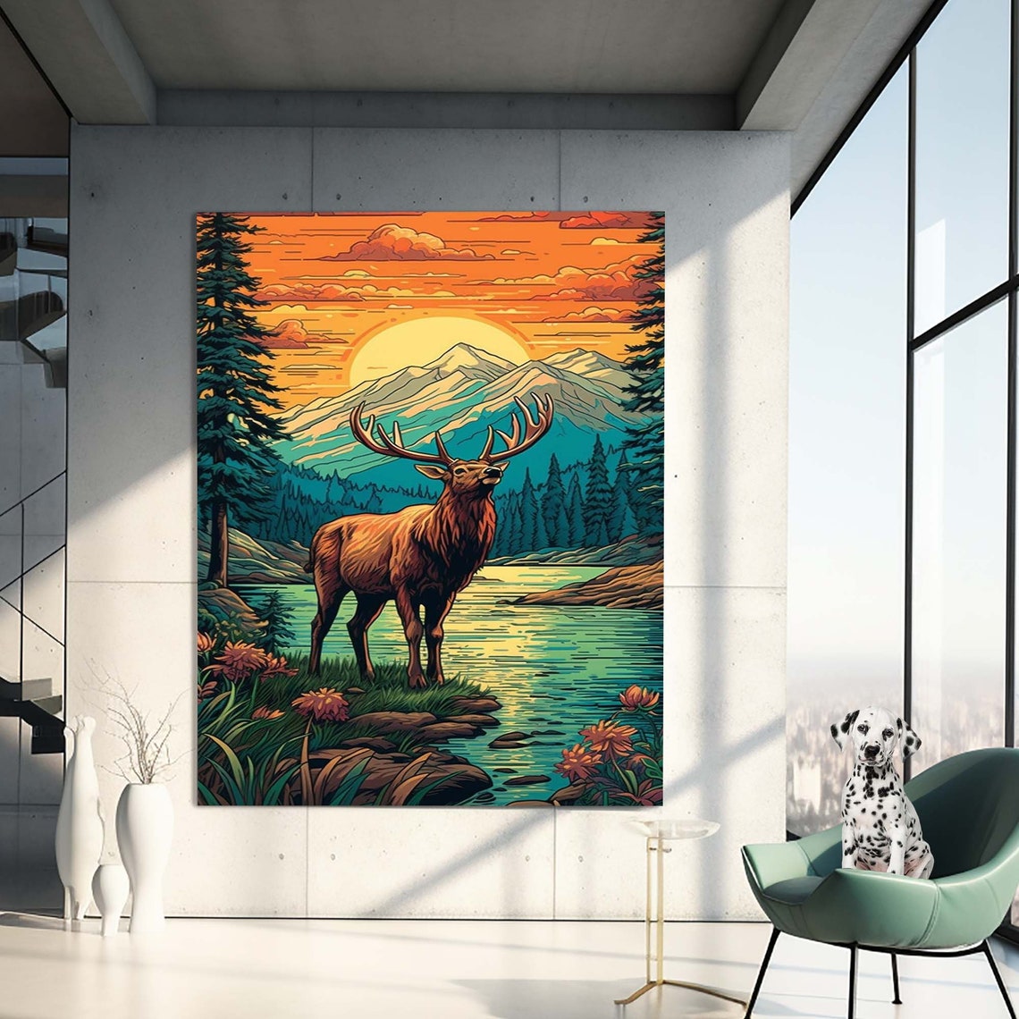 Majestic Elk Bugling Sunset Lake Mountains Retro Wildlife Wall Art - Image 2