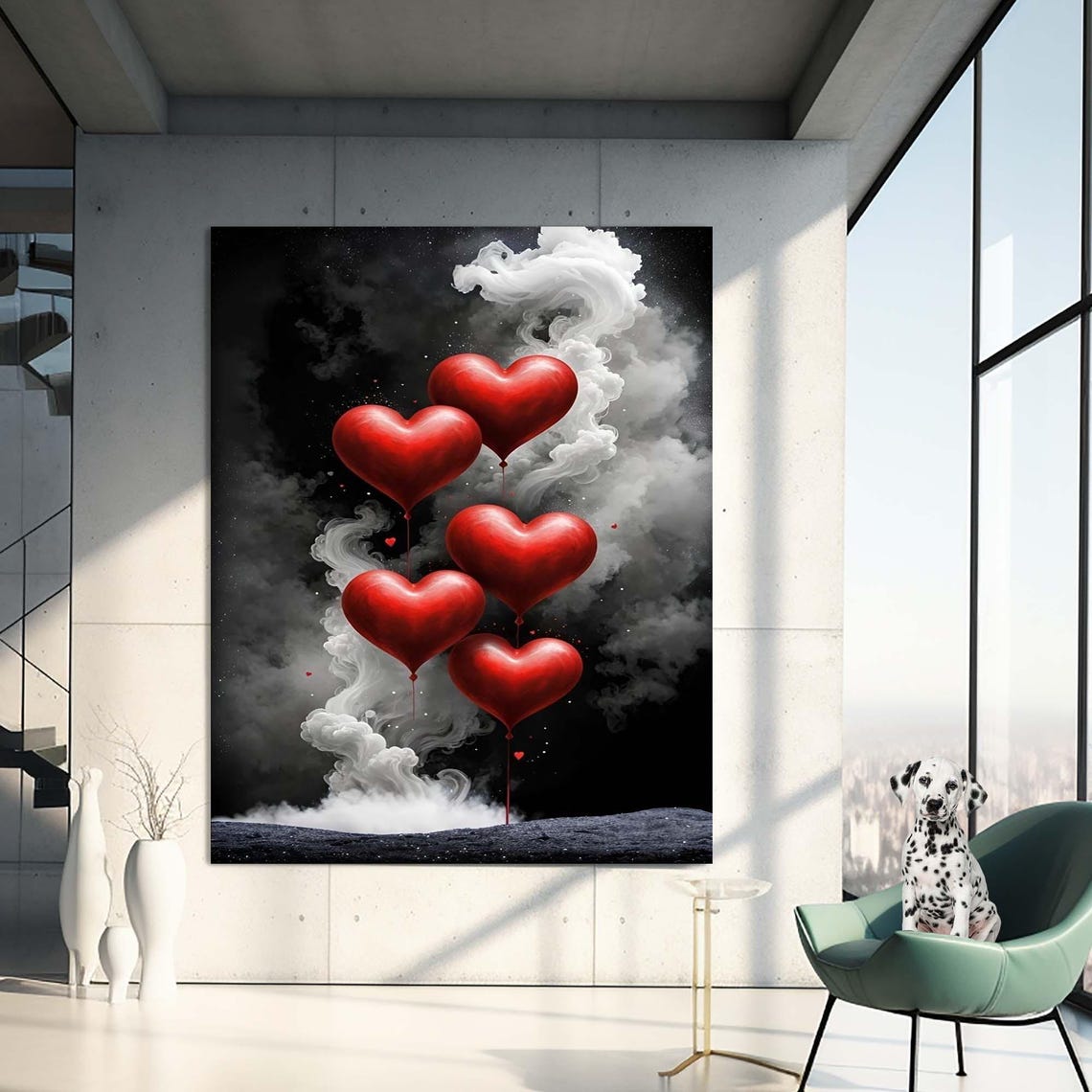 Red Heart Balloons Rising Smoke Romantic Valentine Art Poster
