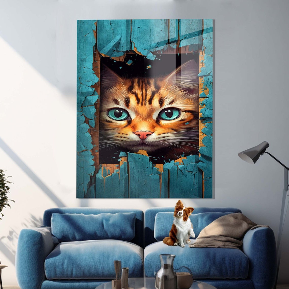 Bengal Cat Peeking Through Turquoise Wooden Door Funny Wall Art - Image 2