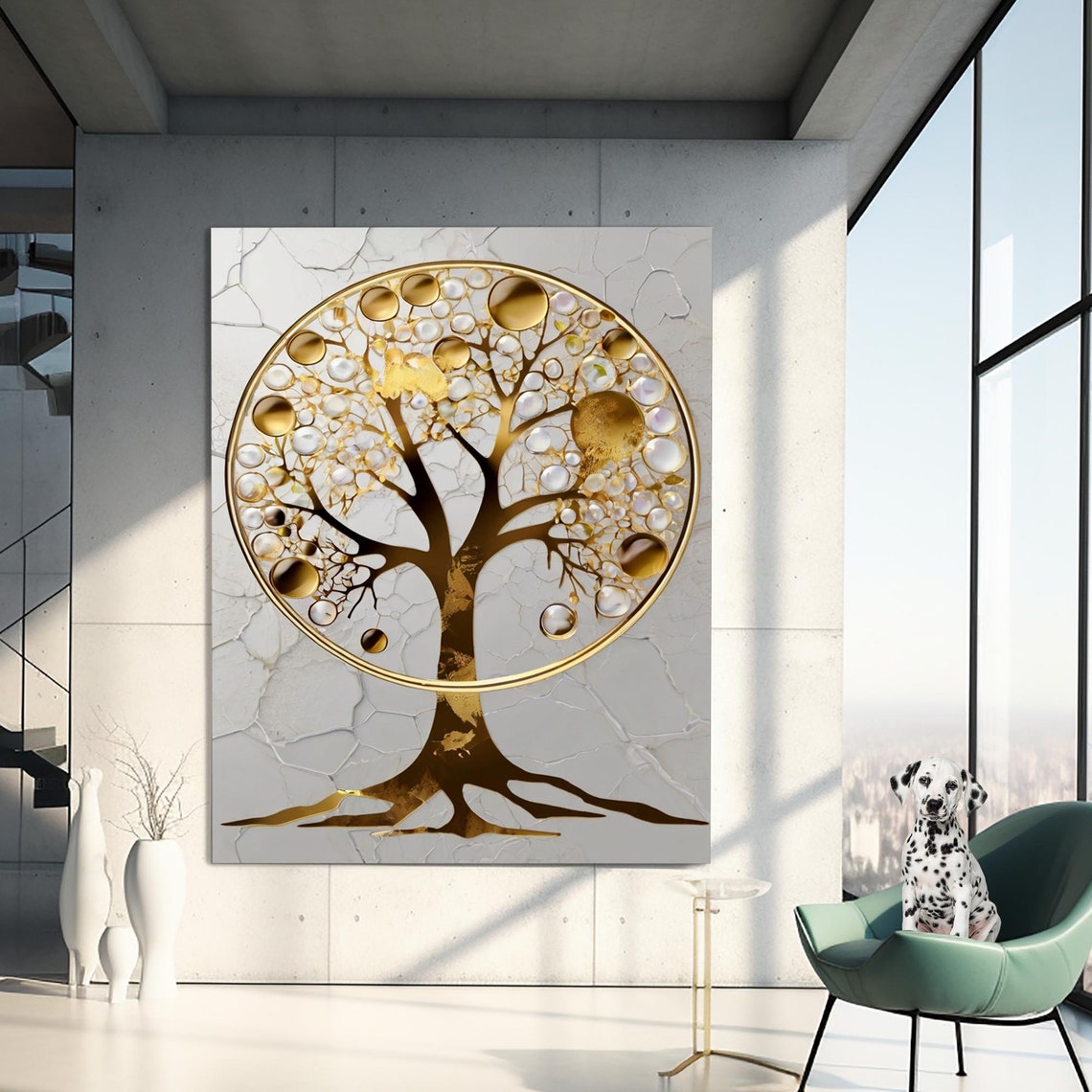 Gold Tree of Life Circle Orbs White Marble Luxury Wall Poster