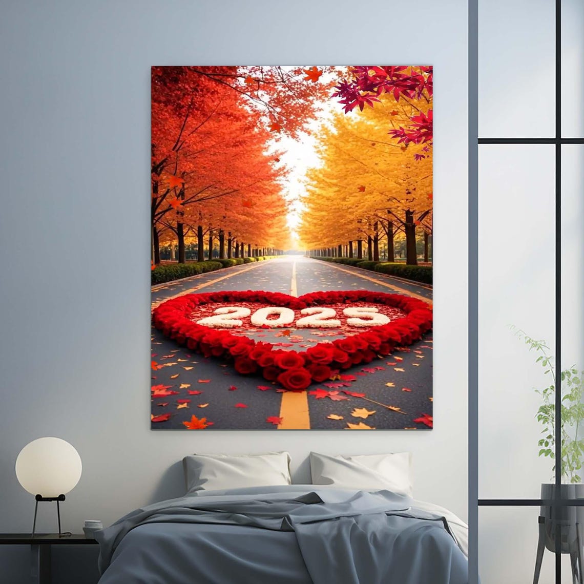 2025 Red Rose Heart Autumn Maple Tree Road Love Romantic Wall Art - Image 2