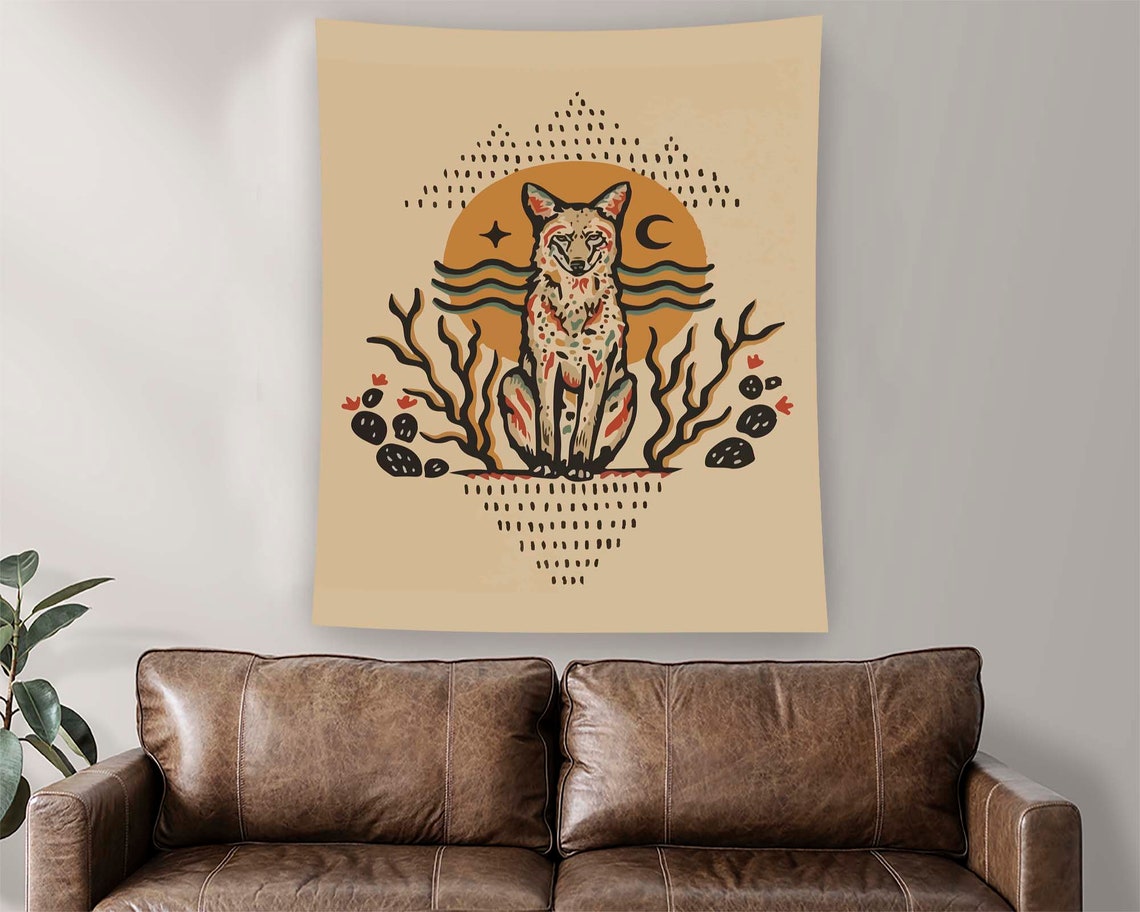 Desert Coyote Boho Folk Art Sun Moon Cactus Southwest Style Poster - Image 2