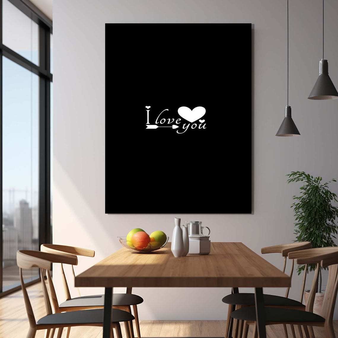 I Love You Text With Heart And Arrow White On Black Minimal Wall Art - Image 3