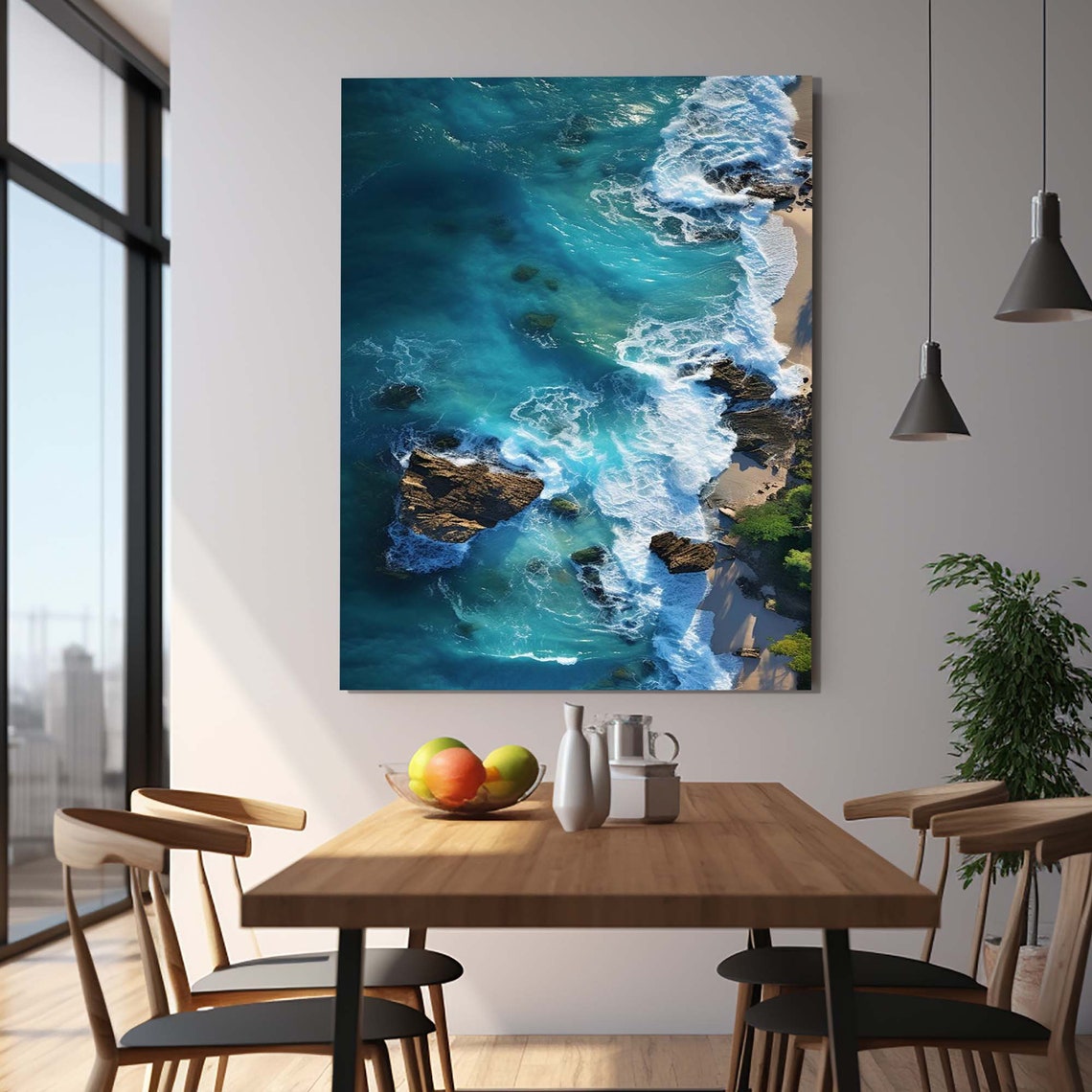 Aerial Ocean View Turquoise Waves Rocky Coast Beach Shore Poster - Image 2