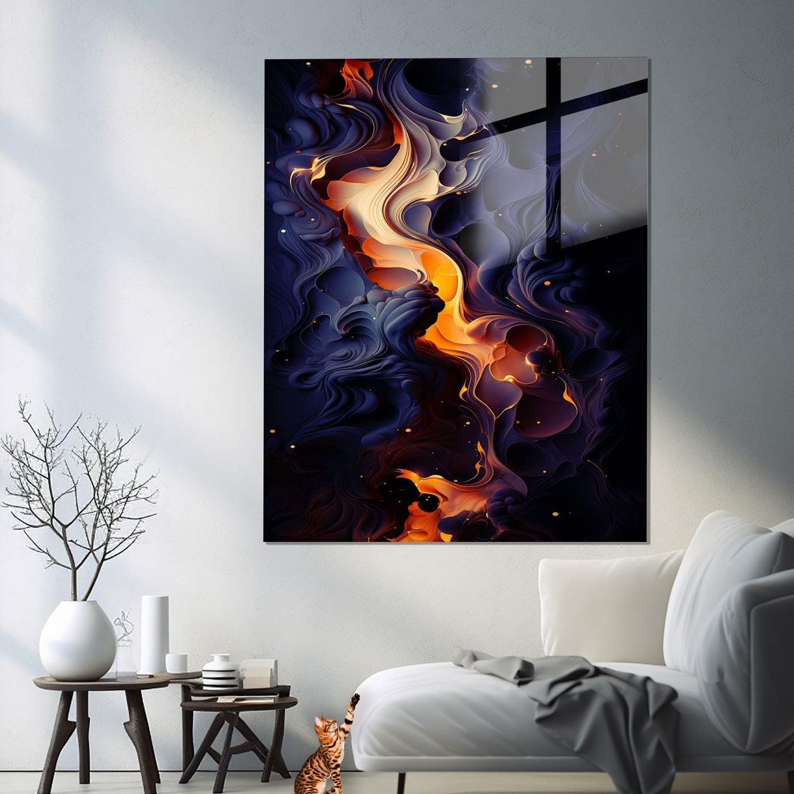 Burning Orange Flame Swirls Dark Marble Abstract Fire Wall Art - Image 2