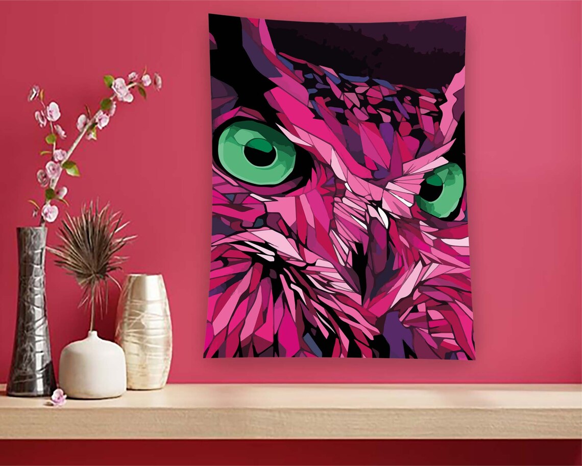 Neon Pink Owl Green Eyes Geometric Pop Art Modern Animal Poster - Image 2