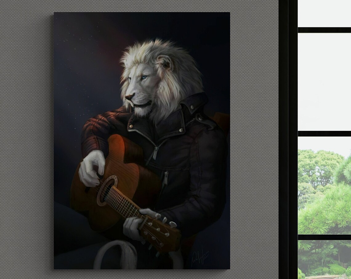 White Lion Playing Acoustic Guitar Wearing Leather Jacket Music Art Poster - Image 3