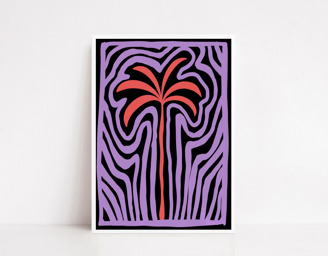 Abstract Red Palm Tree Wavy Purple Lines Tropical Style Poster