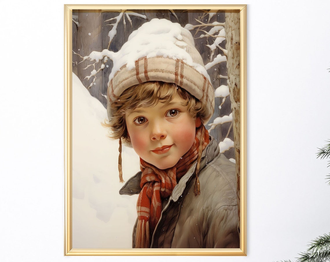 Vintage Christmas Wall Art Vintage Winter Snowy Wall Art Farmhouse Christmas Decor Xmas Oil Painting Playing In The Snow Xmasv1