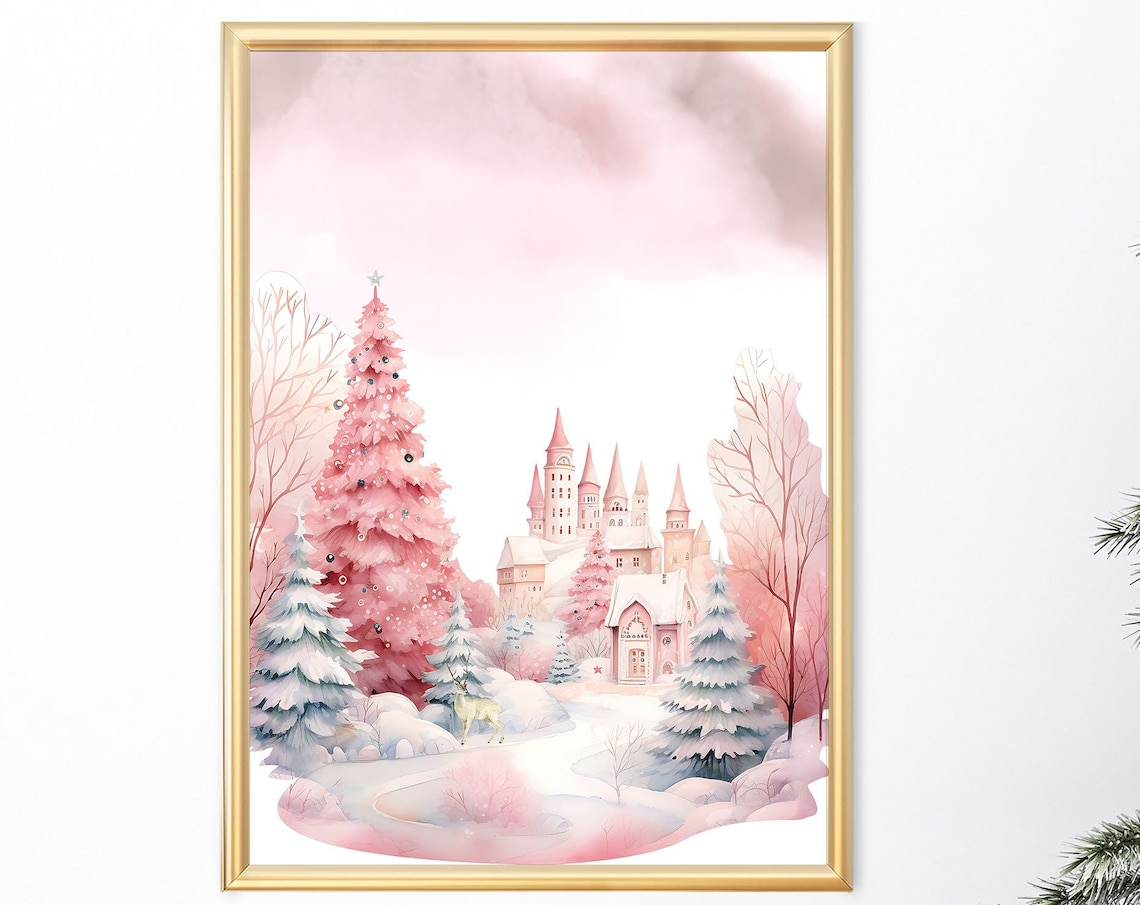 Pink Christmas Winter Wonderland Castle Pink Tree Watercolor Poster