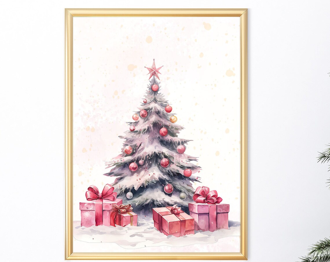 Blush Pink Christmas Tree Watercolor Ornaments Gifts Wall Poster