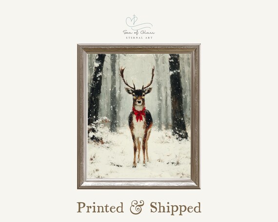 Reindeer With Red Bow In Snowy Winter Forest Elegant Christmas Art Poster