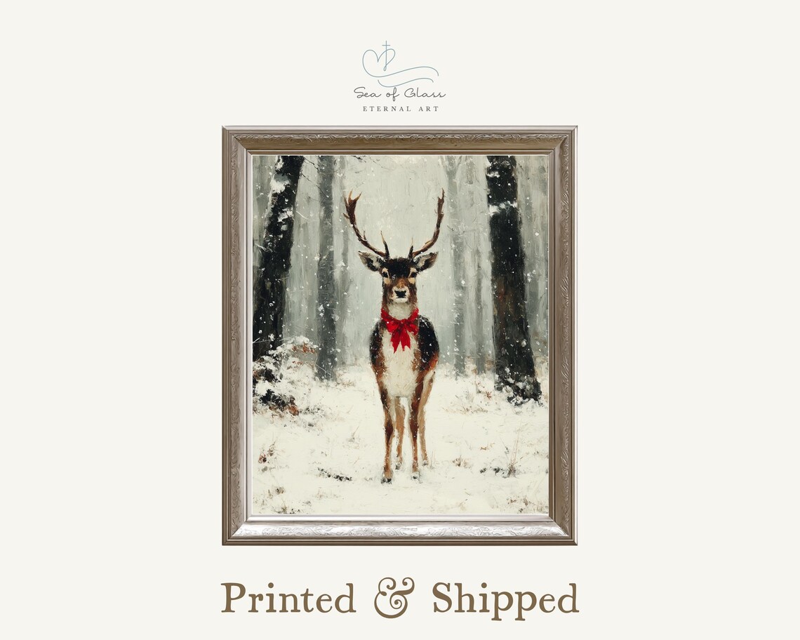 Reindeer With Red Bow In Snowy Winter Forest Elegant Christmas Art Poster