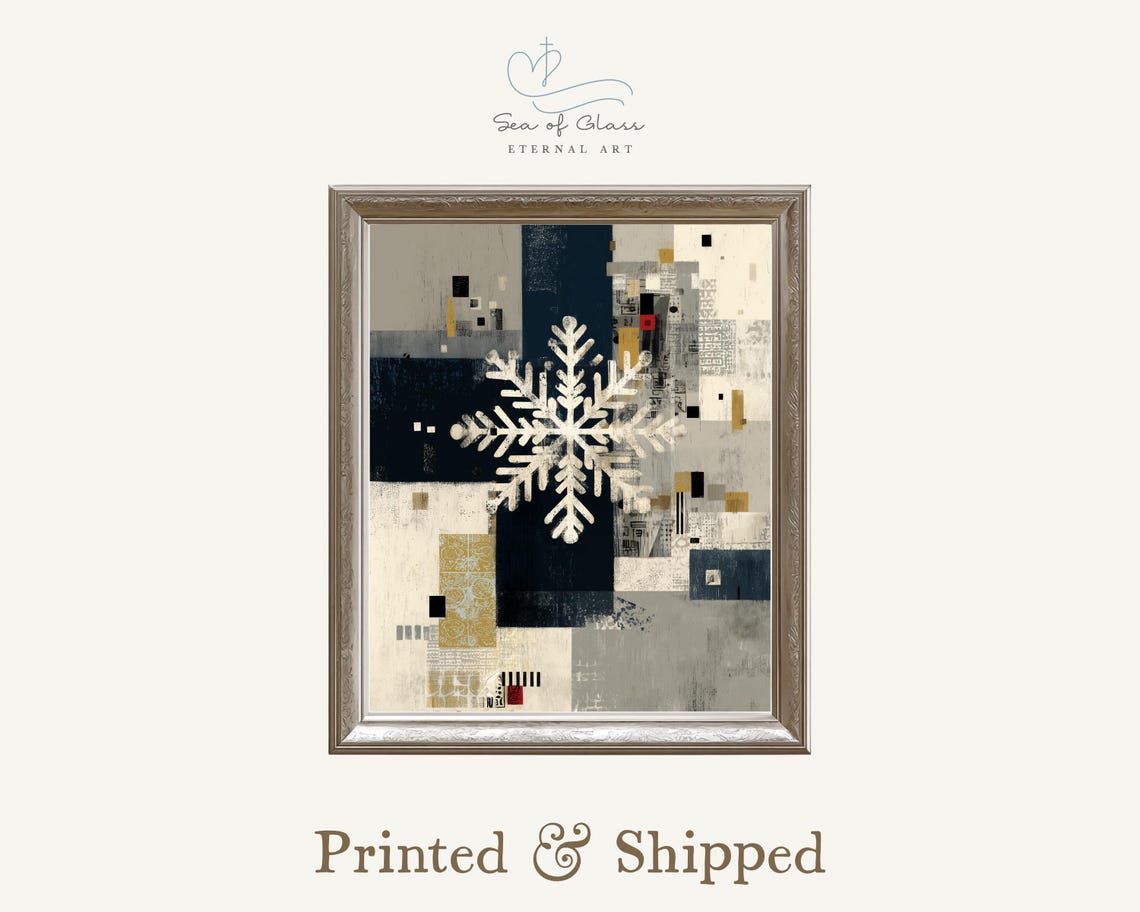 White Snowflake Navy Abstract Poster Modern Winter Geometric Art