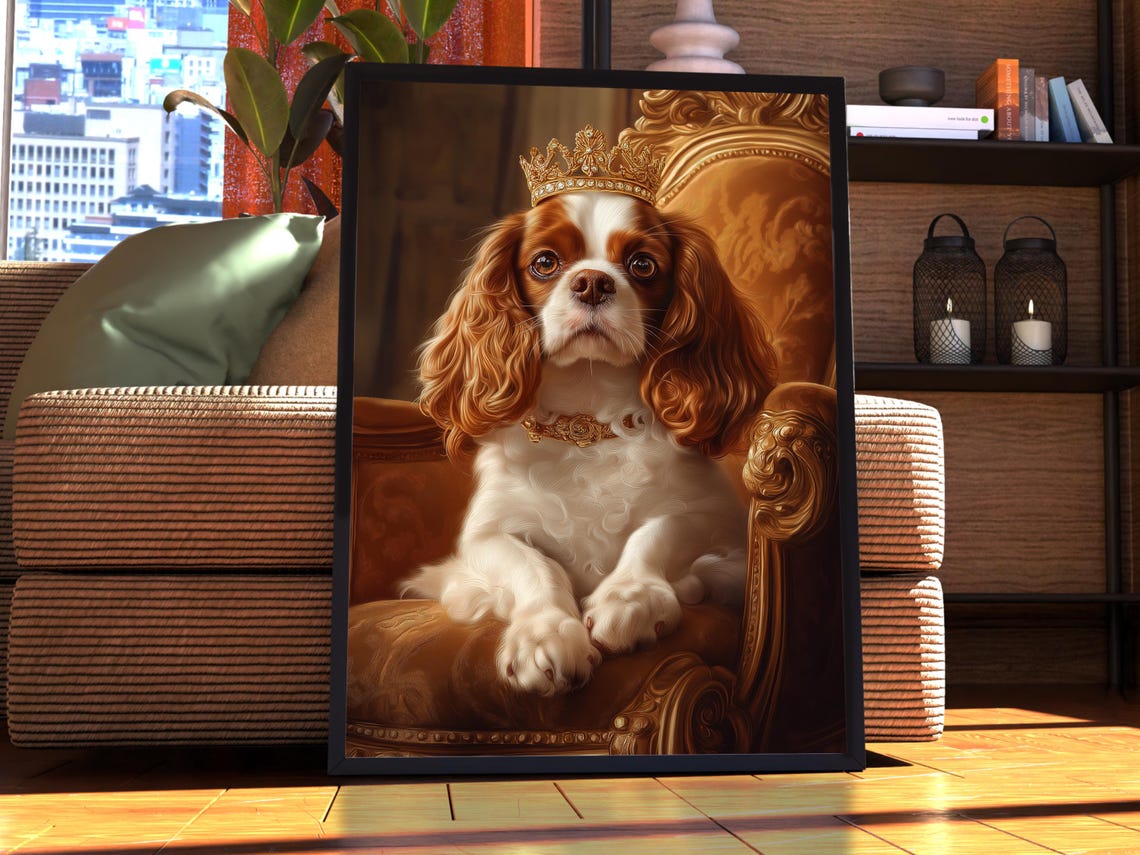 Royal Cavalier Spaniel Puppy Crown Throne Portrait Dog Art Poster