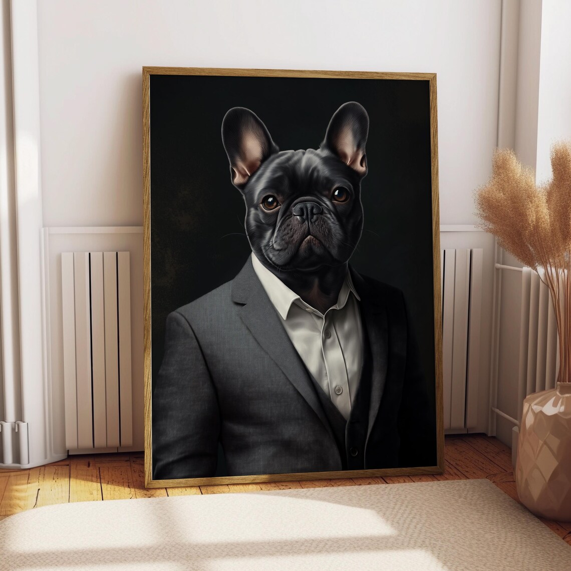 Black French Bulldog in Gray Suit Gentleman Portrait Dog Poster