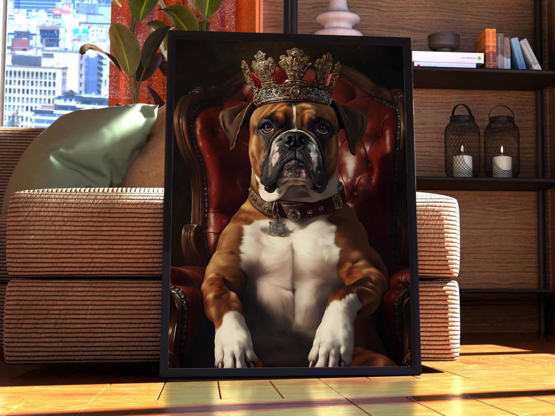 Royal Boxer Dog Wearing Crown Throne Portrait Regal Pet Poster