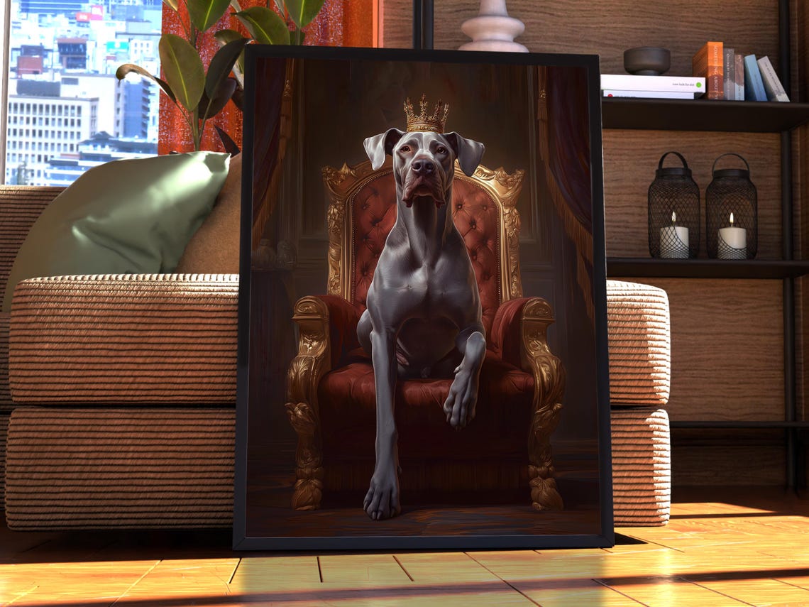 Blue Great Dane King Royal Crown Portrait On Golden Throne Poster