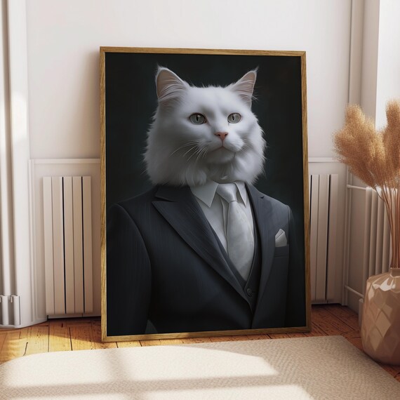 Turkish Angora Cat in Black Suit Portrait Print Silver Tie Gentleman Pet