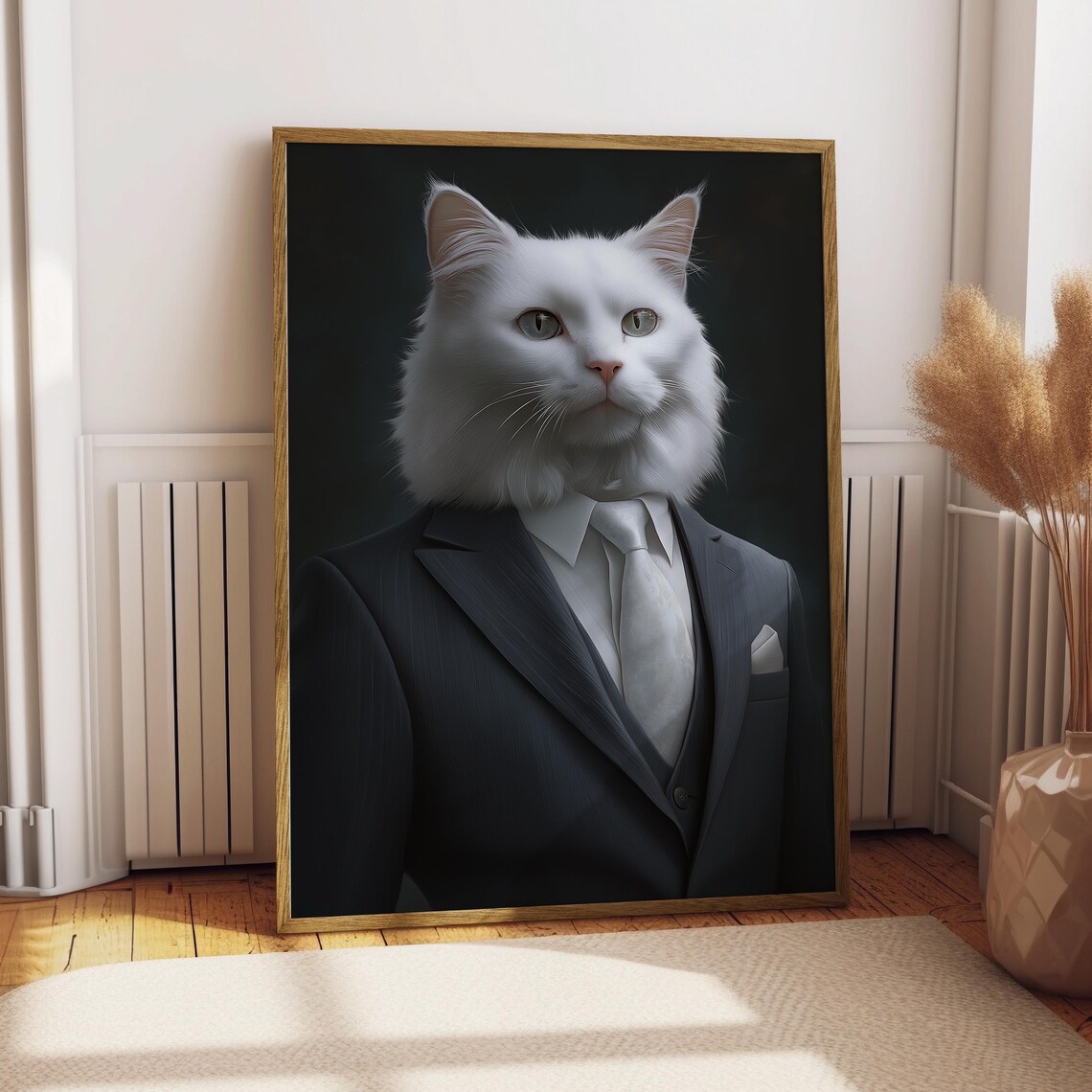 Turkish Angora Cat in Black Suit Portrait Print Silver Tie Gentleman Pet