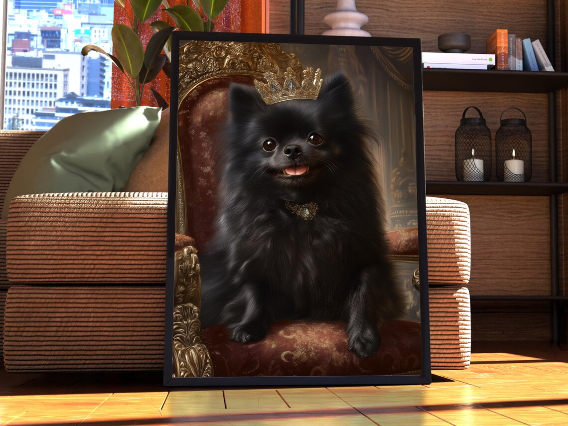 Black Pomeranian Portrait Art Print, Custom Pet
