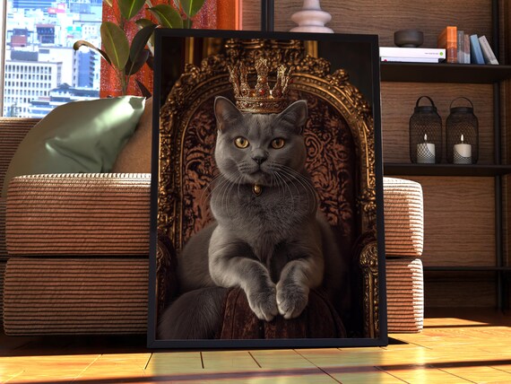 Royal Crown Grey Cat Portrait On Throne Funny Regal Kitten Lover Gift Poster