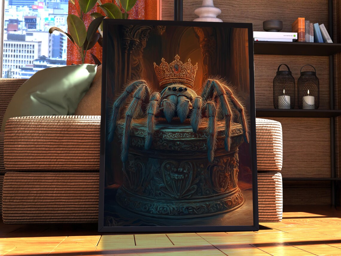 Tarantula Royal Portrait Poster Crowned Spider on Ornate Carved Throne
