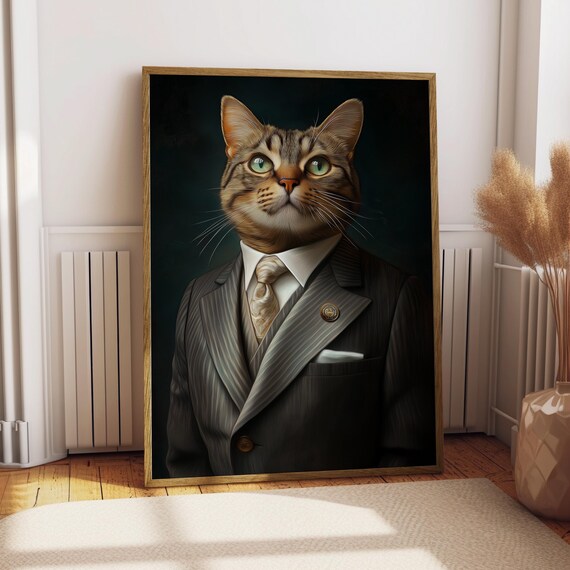 Tabby Cat Suit Portrait Poster Pinstripe Businessman Dapper Pet Wall Gift Art