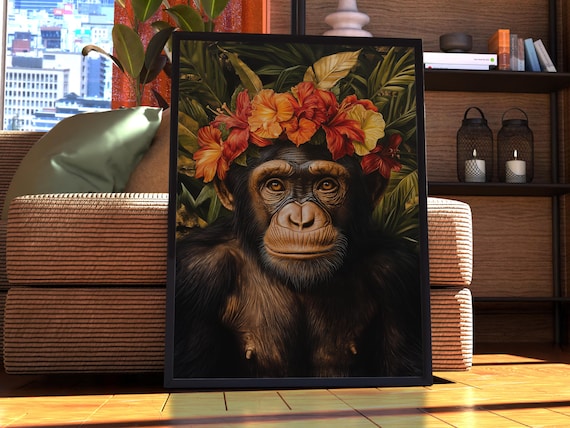 Maximalist Monkey Poster Floral Animal Print Chimp Wall Art Portrait Vintage Funky Colourful