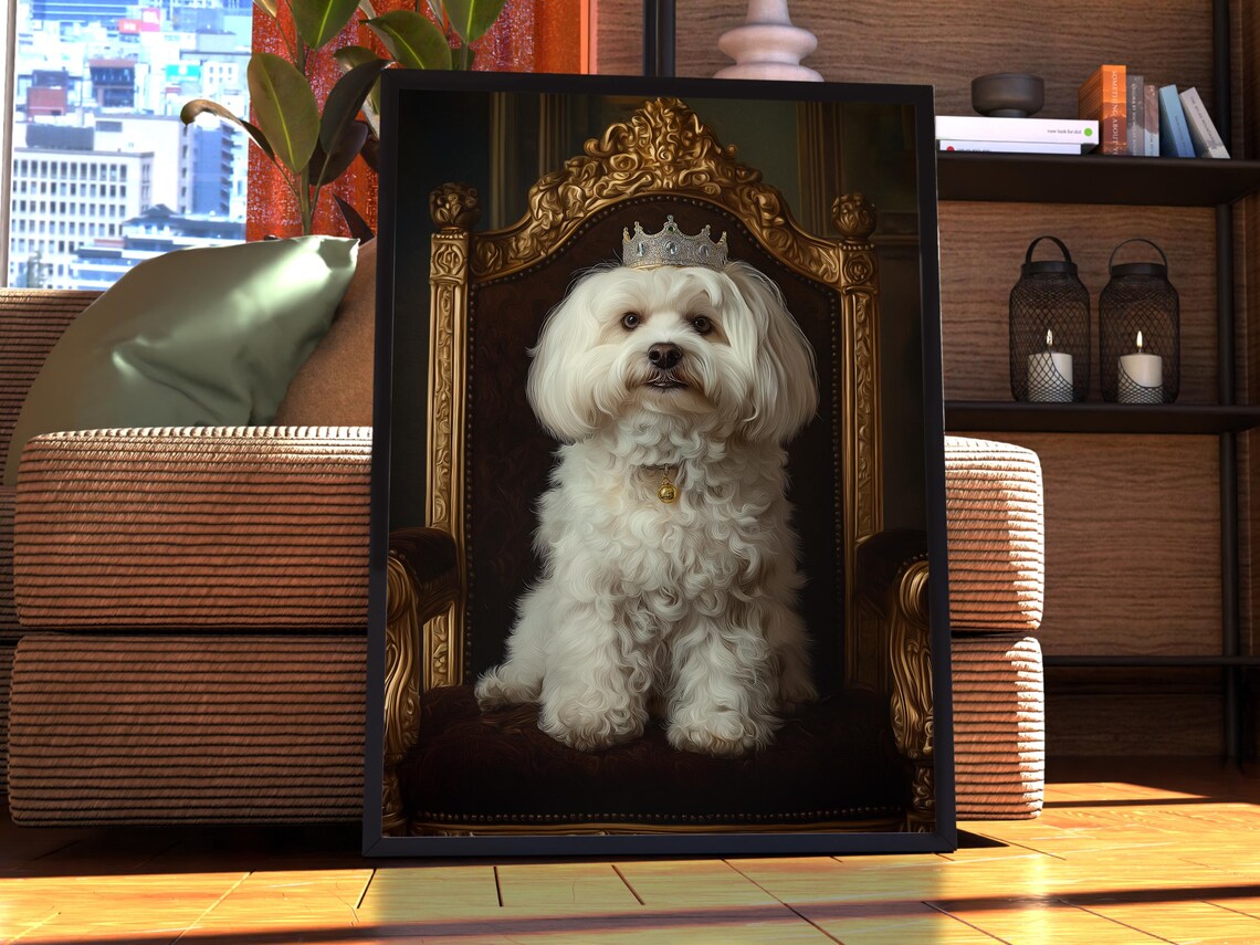 Coton de Tulear Royal Portrait Dog Poster Crowned Puppy Throne Art