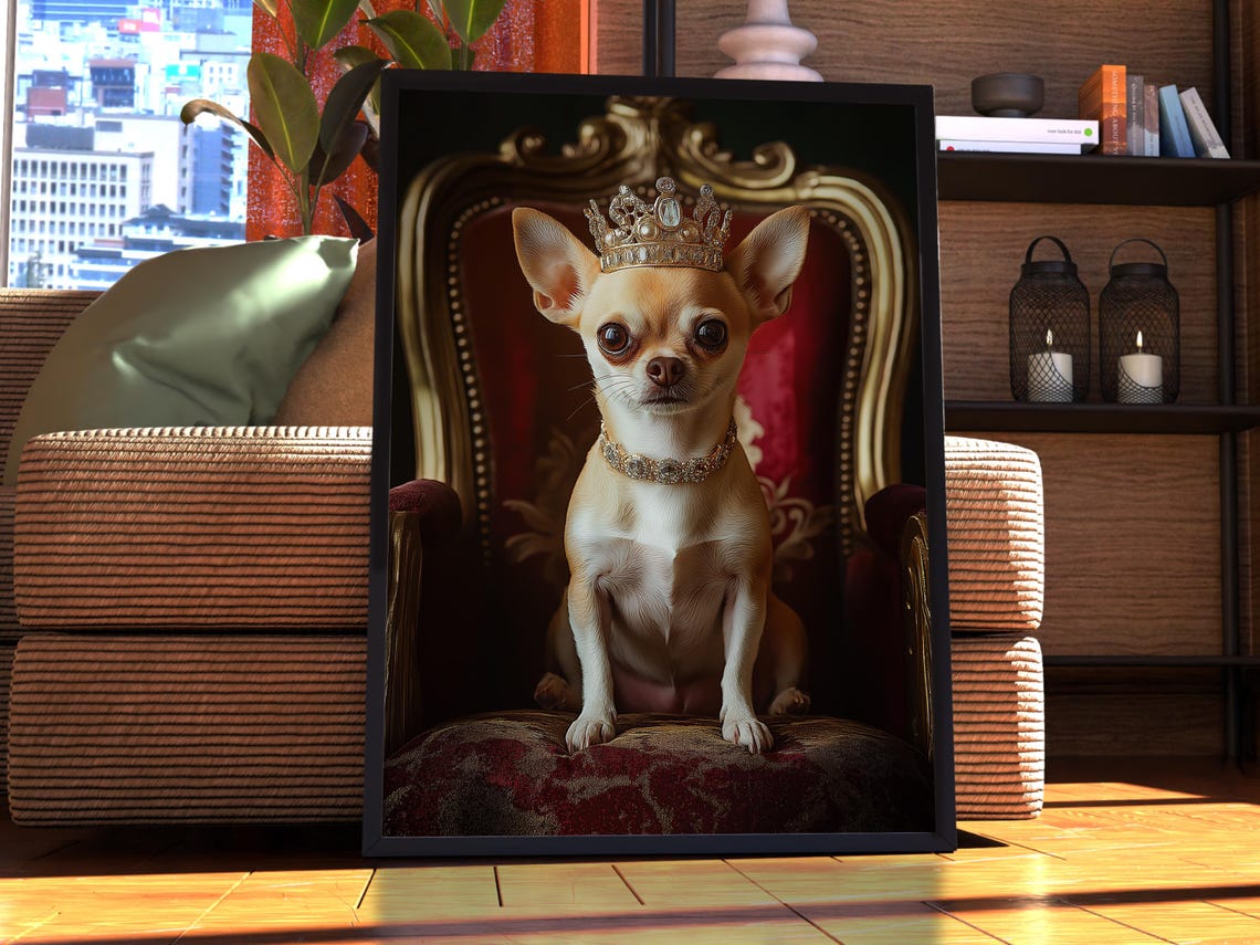 Chihuahua Royal Portrait Tiny Crown Queen Dog Throne Art Poster