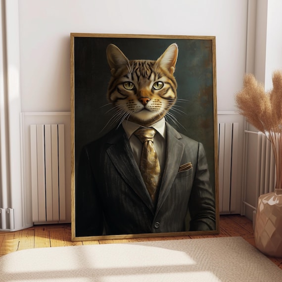 Toyger Cat in Charcoal Suit Portrait Print Gold Tie Gentleman Pet