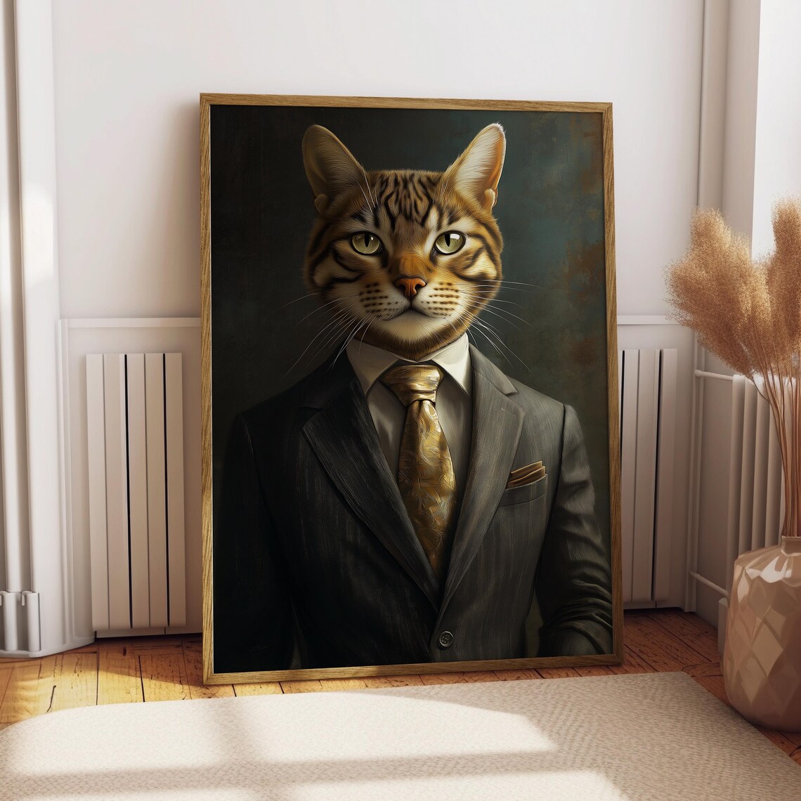 Toyger Cat in Charcoal Suit Portrait Print Gold Tie Gentleman Pet