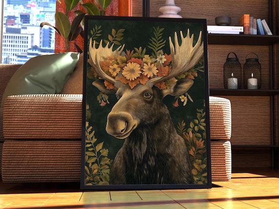 Maximalist Moose Poster Floral Animal Print Wall Art Portrait Vintage Funky Colourful Pink